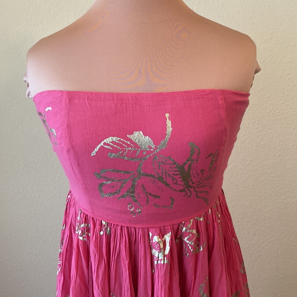 Free People Strapless Dress in Salmon with Gold Print - Picture 2 of 10